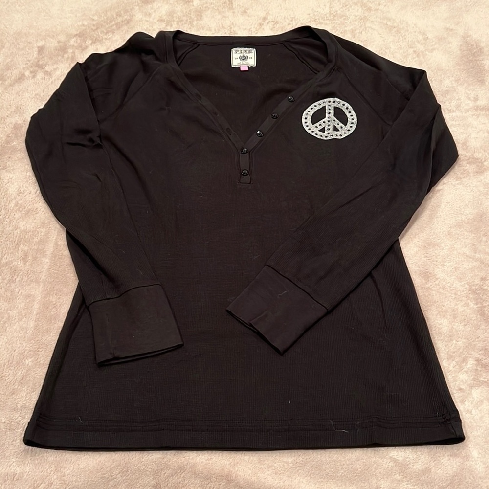 VICTORIAS SECRET PINK LONG SLEEVE SOFT BLACK TOP PEACE SIGN SIZE LARGE
